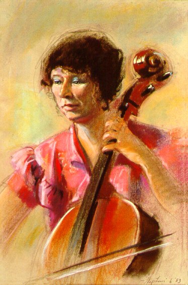 D30601: The Cello Player - Beautiful genre paintings of freelance scientific illustrator and plein-air fine arts artist Patrice Stephens-Bourgeault